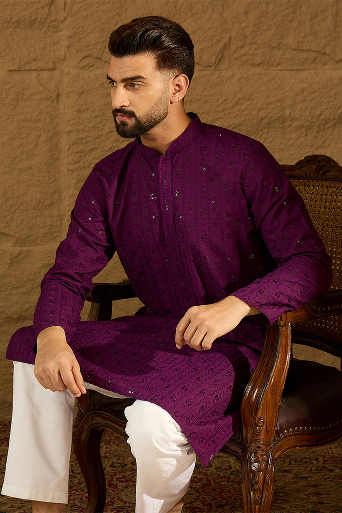 Purple Viscose Rayon Solid Embroidered Straight Kurta MKU1557