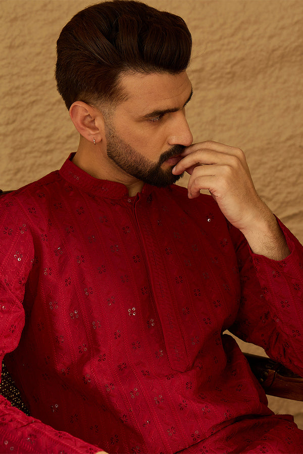Maroon Viscose Rayon Solid Embroidered Straight Kurta with Trouser MKSET1558