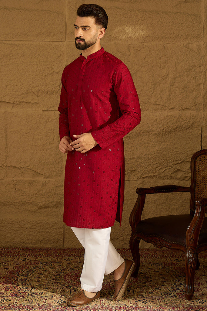 Maroon Viscose Rayon Solid Embroidered Straight Kurta with Trouser MKSET1558