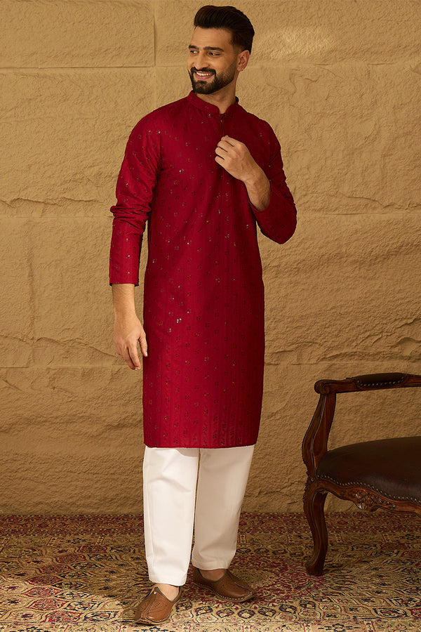 Maroon Viscose Rayon Solid Embroidered Straight Kurta with Trouser MKSET1558