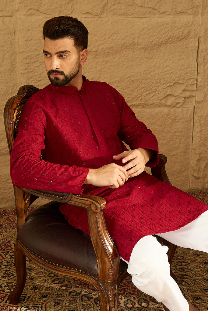 Maroon Viscose Rayon Solid Embroidered Straight Kurta with Trouser MKSET1558