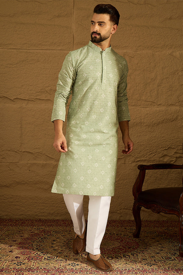 Green Viscose Rayon Bandhani Embroidered Straight Kurta with Trouser MKSET1584