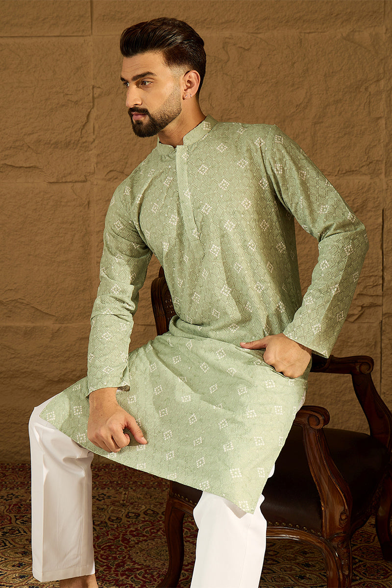 Green Viscose Rayon Bandhani Embroidered Straight Kurta MKU1584