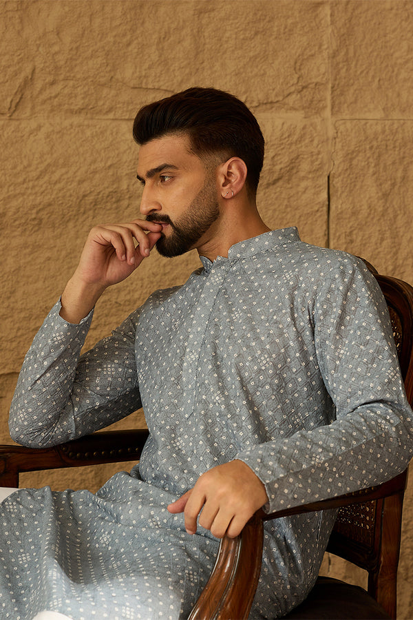 Blue Viscose Rayon Bandhani Embroidered Straight Kurta with Trouser MKSET1586