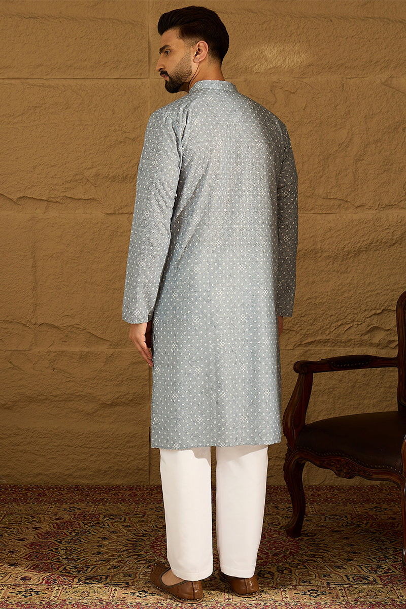 Blue Viscose Rayon Bandhani Embroidered Straight Kurta with Trouser MKSET1586