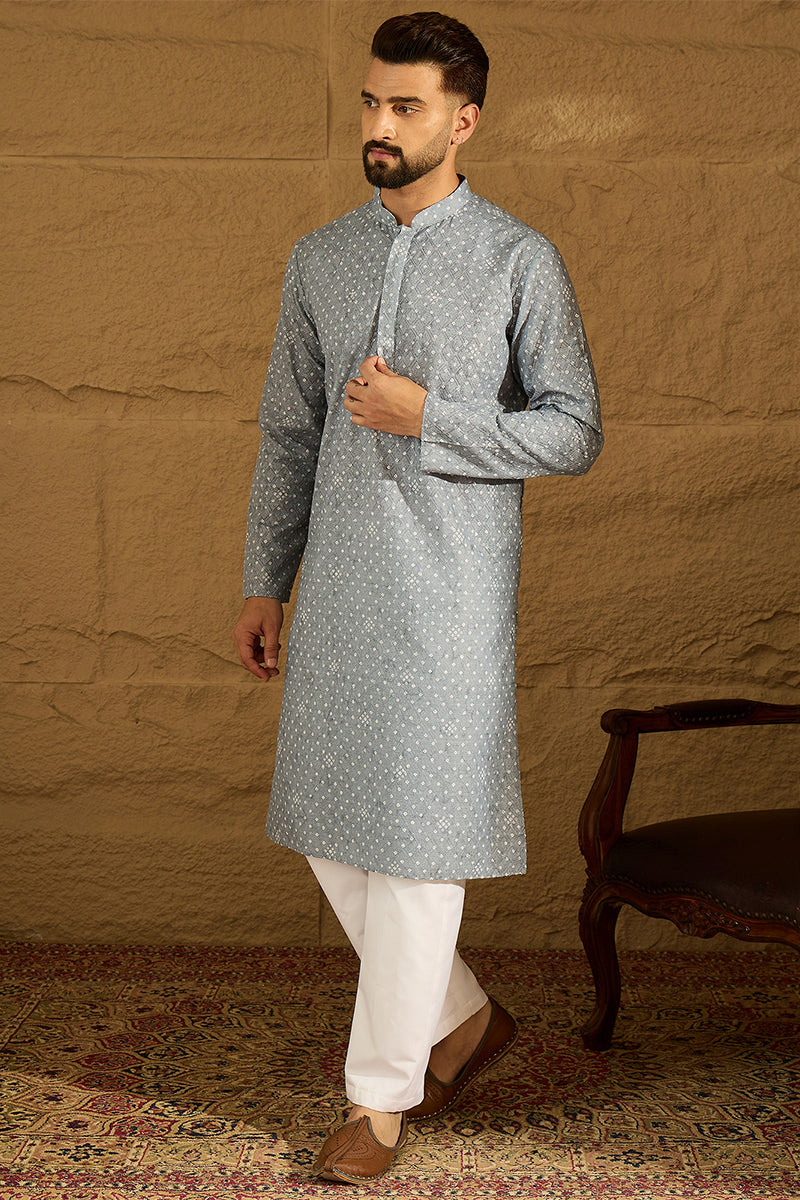 Blue Viscose Rayon Bandhani Embroidered Straight Kurta with Trouser MKSET1586