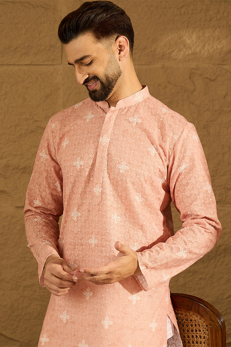 Peach Viscose Rayon Bandhani Embroidered Straight Kurta with Trouser MKSET1587