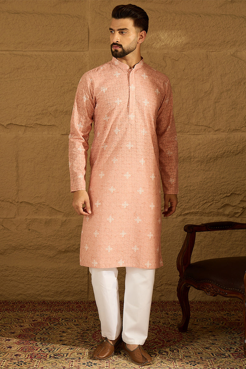 Peach Viscose Rayon Bandhani Embroidered Straight Kurta with Trouser MKSET1587