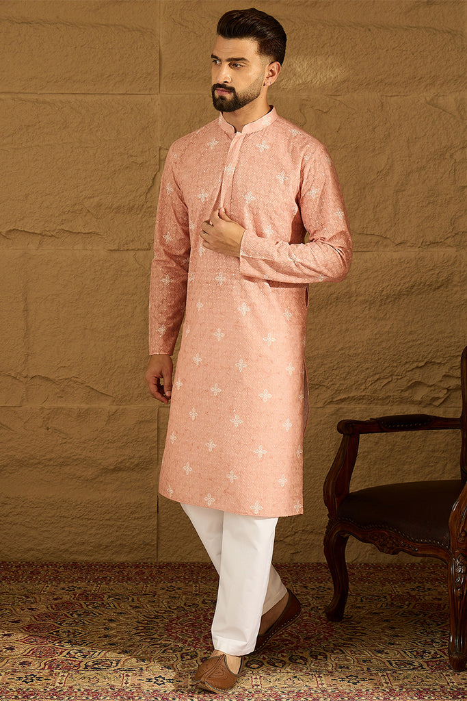 Peach Viscose Rayon Bandhani Embroidered Straight Kurta with Trouser MKSET1587