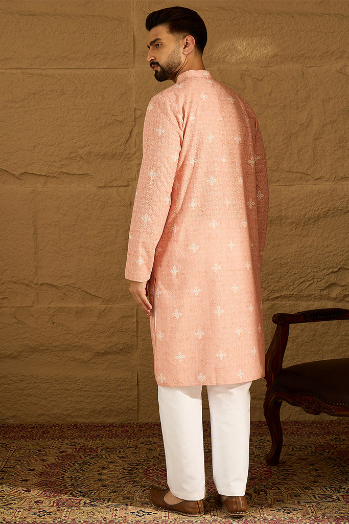 Peach Viscose Rayon Bandhani Embroidered Straight Kurta with Trouser MKSET1587