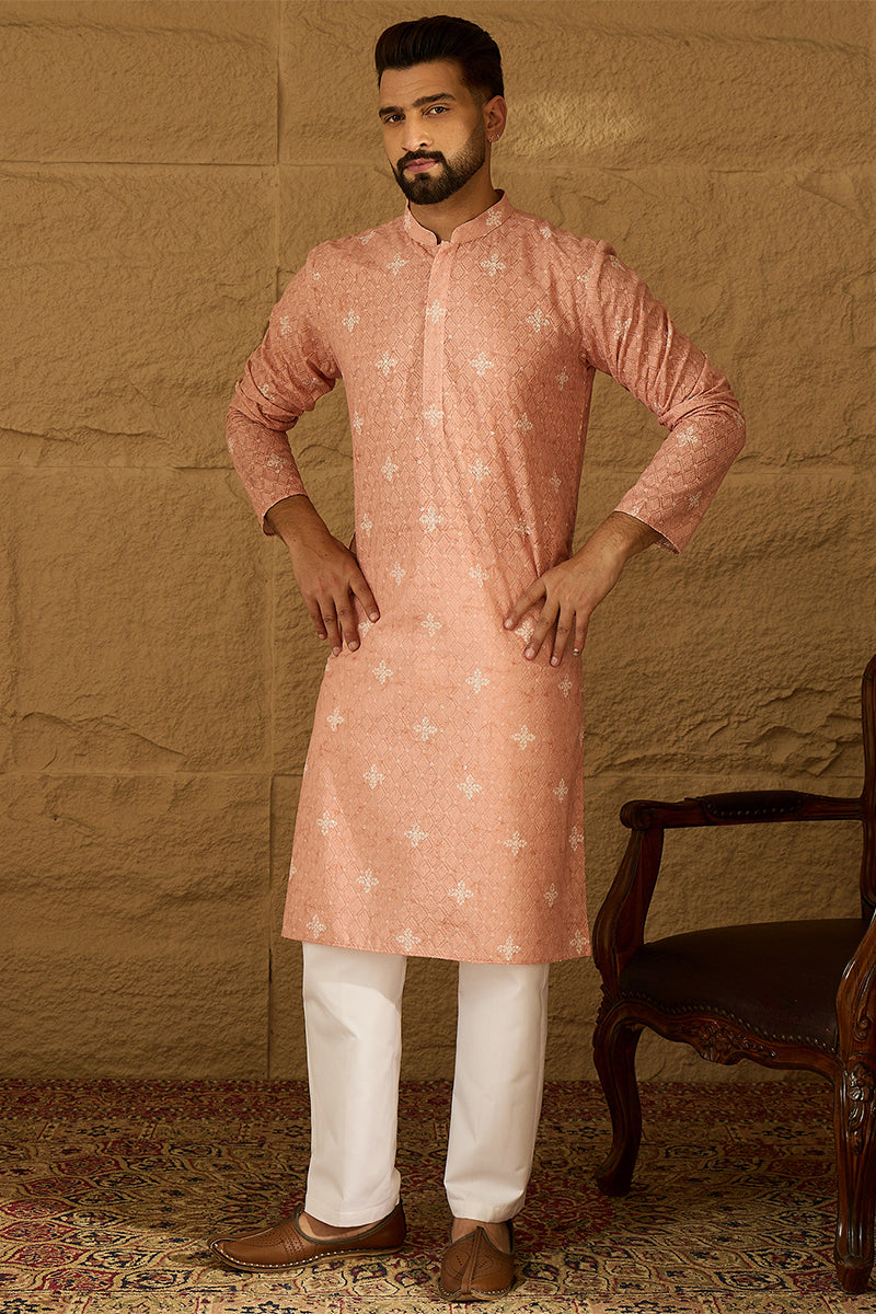 Peach Viscose Rayon Bandhani Embroidered Straight Kurta with Trouser MKSET1587