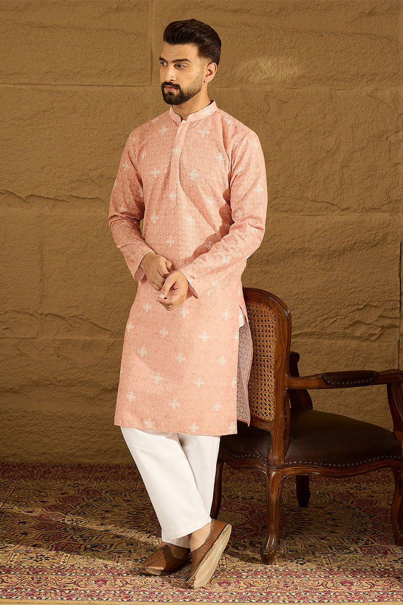 Peach Viscose Rayon Bandhani Embroidered Straight Kurta MKU1587