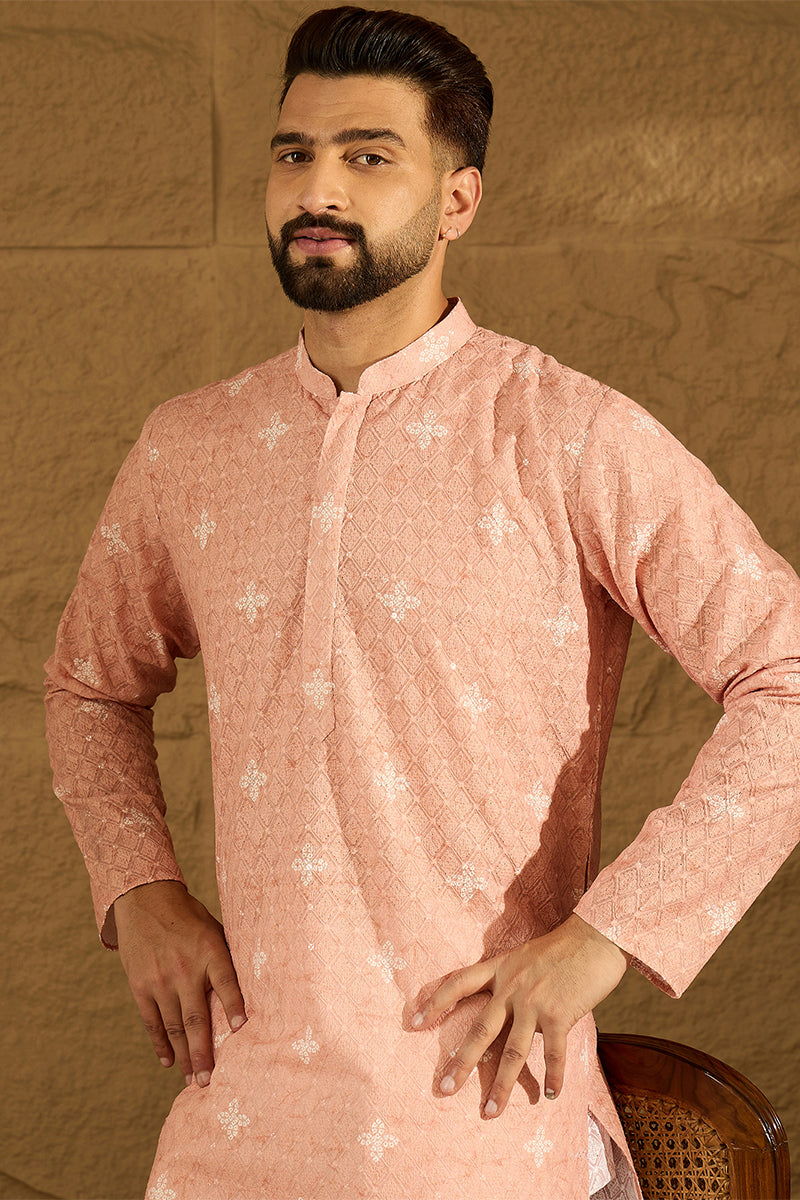 Peach Viscose Rayon Bandhani Embroidered Straight Kurta with Trouser MKSET1587