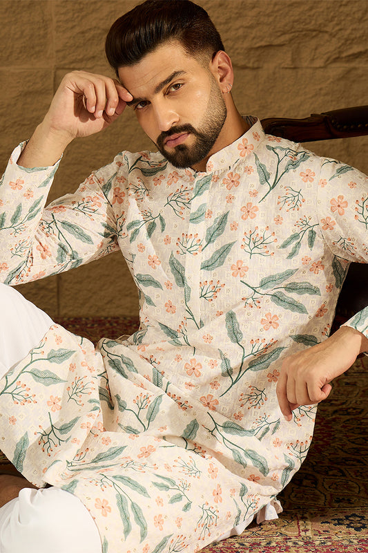 White Viscose Rayon Floral Embroidered Straight Kurta with Trouser MKSET1597