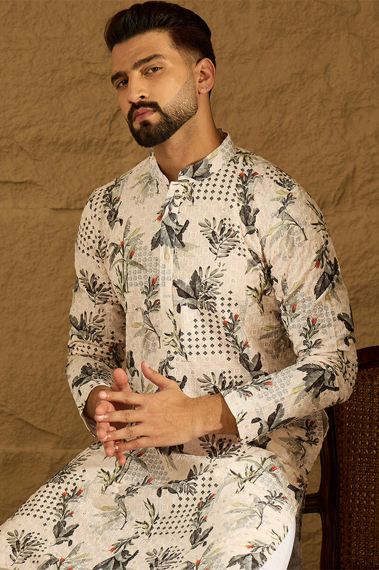 Off White Viscose Rayon Geometric Printed Straight Kurta MKU1598