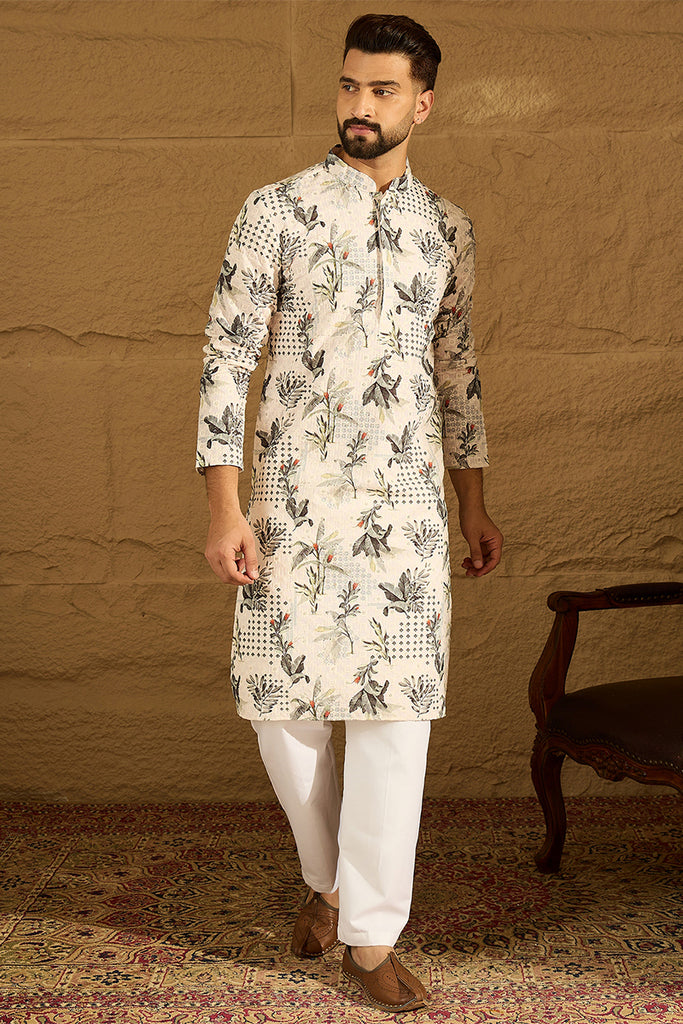 Off White Viscose Rayon Geometric Printed Straight Kurta with Trouser MKSET1598