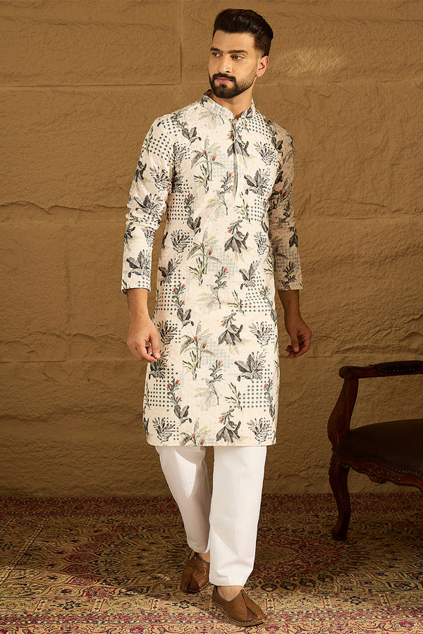 Off White Viscose Rayon Geometric Printed Straight Kurta with Trouser MKSET1598