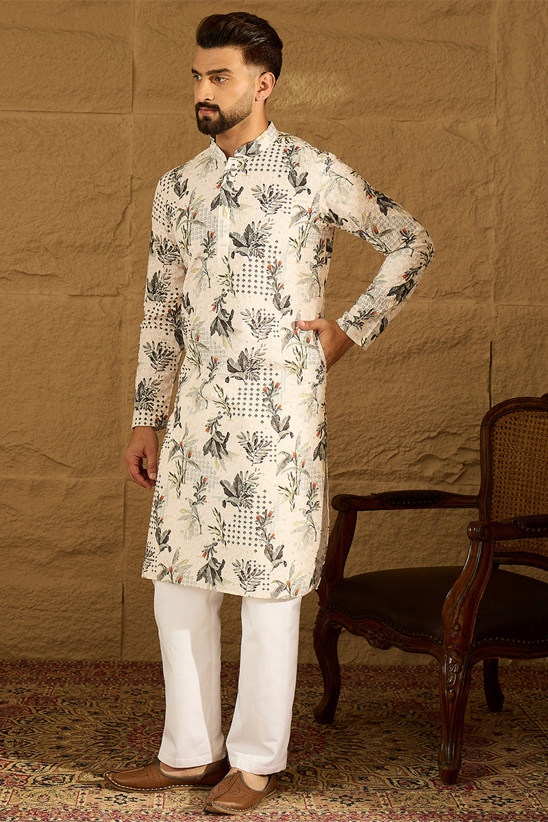 Off White Viscose Rayon Geometric Printed Straight Kurta with Trouser MKSET1598