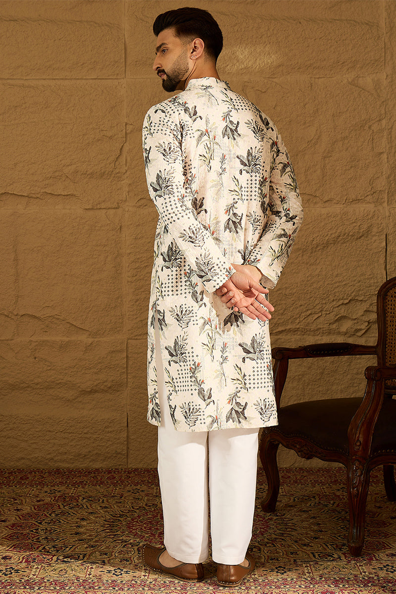Off White Viscose Rayon Geometric Printed Straight Kurta MKU1598