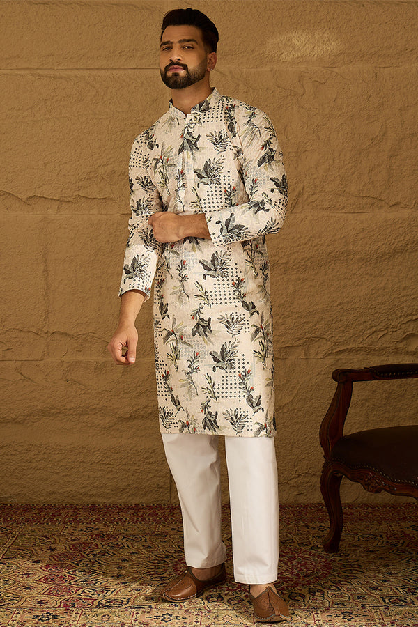 Off White Viscose Rayon Geometric Printed Straight Kurta MKU1598