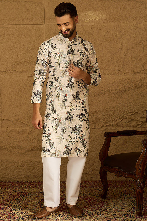 Off White Viscose Rayon Geometric Printed Straight Kurta with Trouser MKSET1598