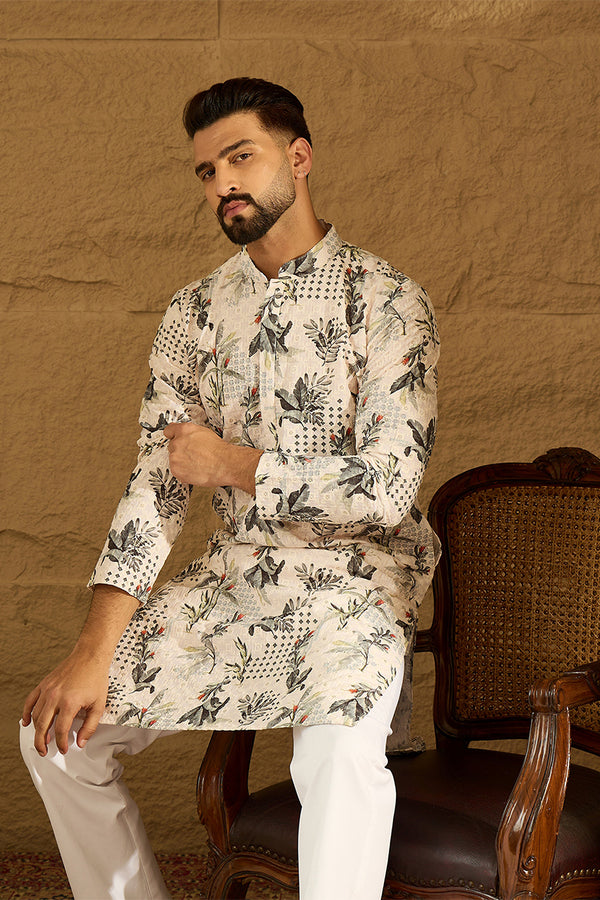 Off White Viscose Rayon Geometric Printed Straight Kurta MKU1598