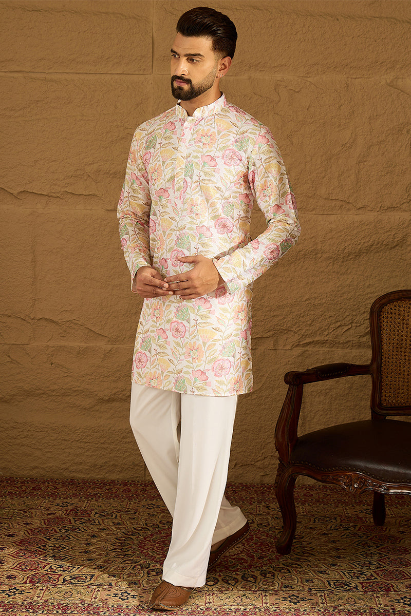 White Viscose Rayon Floral Embroidered Straight Kurta with Trouser MKSET1599