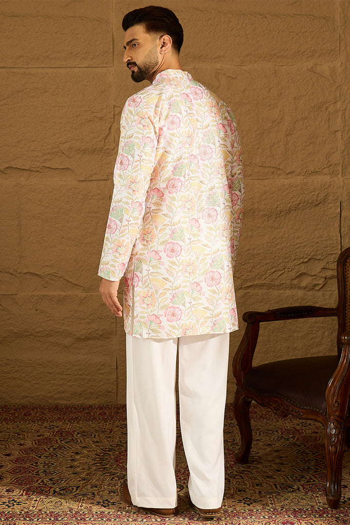 White Viscose Rayon Floral Embroidered Straight Kurta with Trouser MKSET1599