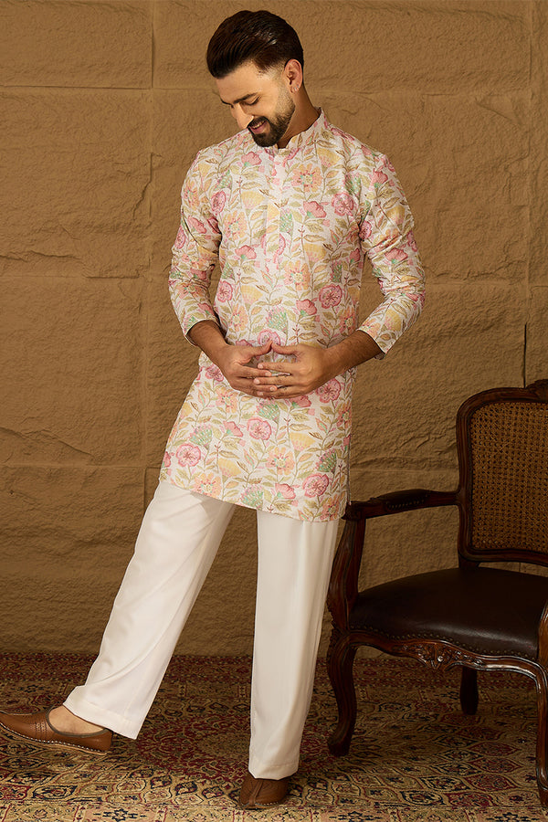 White Viscose Rayon Floral Embroidered Straight Kurta with Trouser MKSET1599