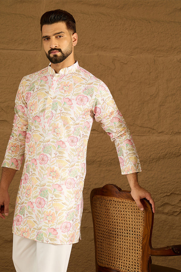 White Viscose Rayon Floral Embroidered Straight Kurta with Trouser MKSET1599