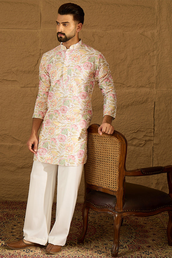 White Viscose Rayon Floral Embroidered Straight Kurta with Trouser MKSET1599
