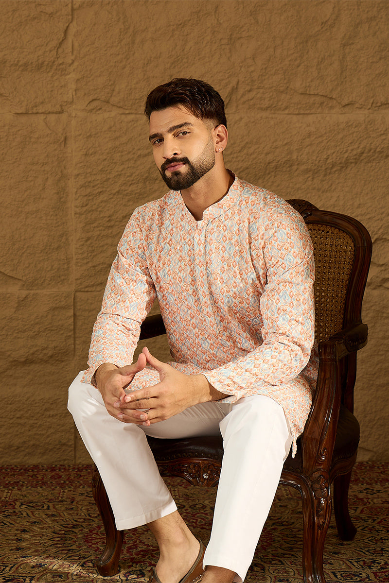 Orange Viscose Rayon Geometric Printed Straight Kurta with Trouser MKSET1600