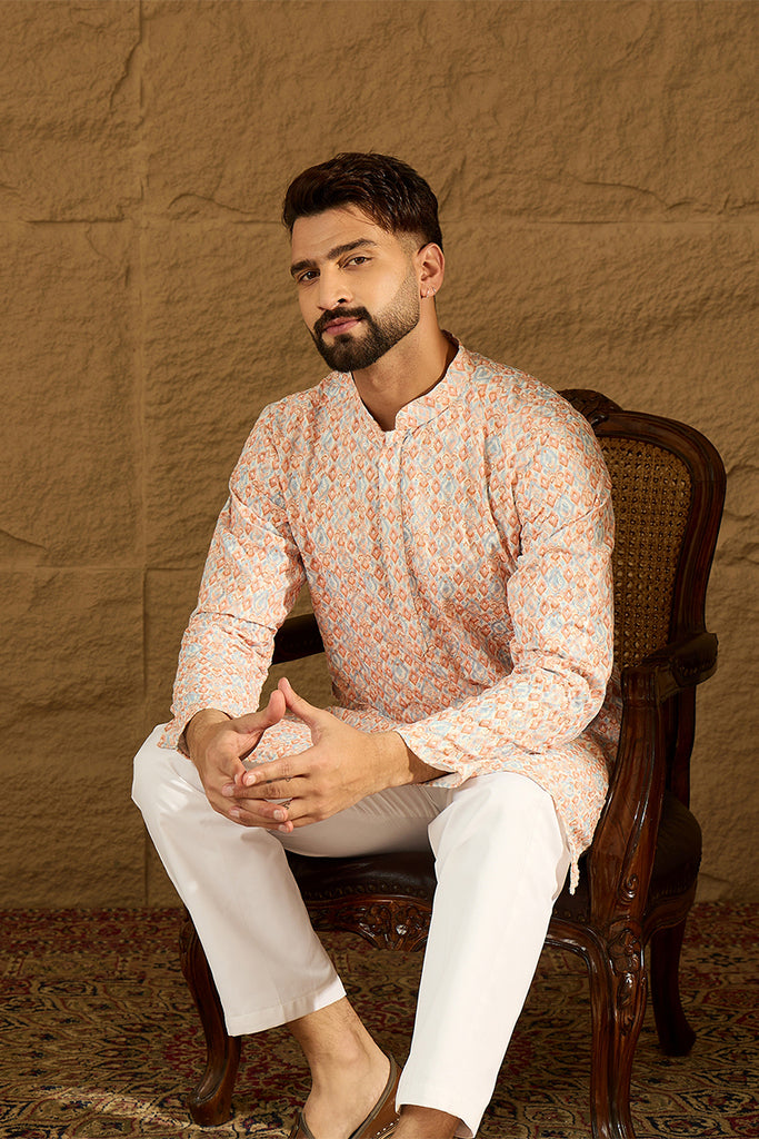 Orange Viscose Rayon Geometric Printed Straight Kurta with Trouser MKSET1600