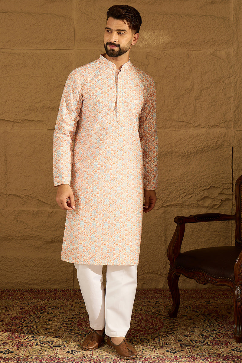 Orange Viscose Rayon Geometric Printed Straight Kurta with Trouser MKSET1600