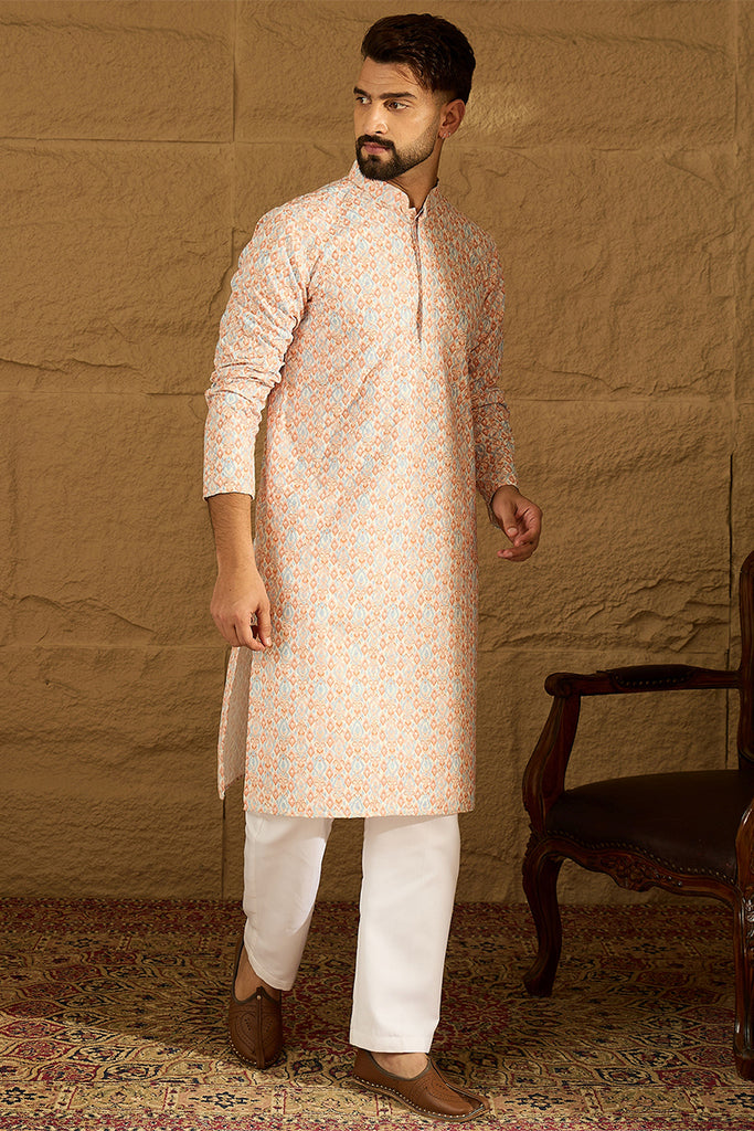 Orange Viscose Rayon Geometric Printed Straight Kurta with Trouser MKSET1600