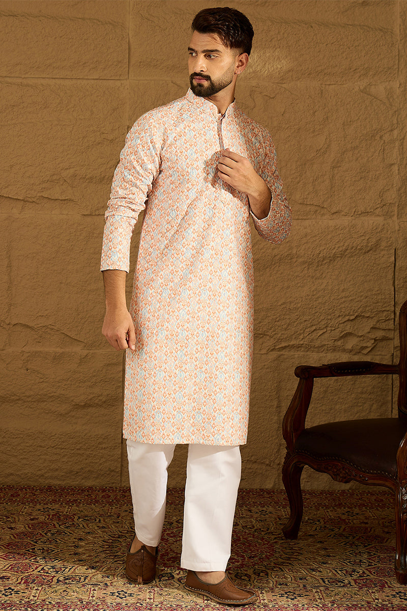 Orange Viscose Rayon Geometric Printed Straight Kurta with Trouser MKSET1600