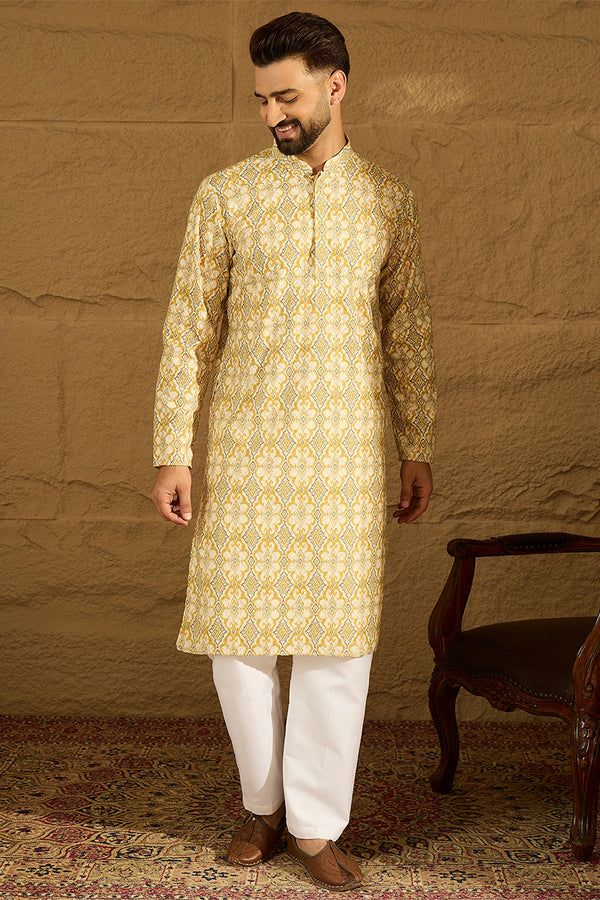 Yellow Viscose Rayon Geometric Printed Straight Kurta MKU1601