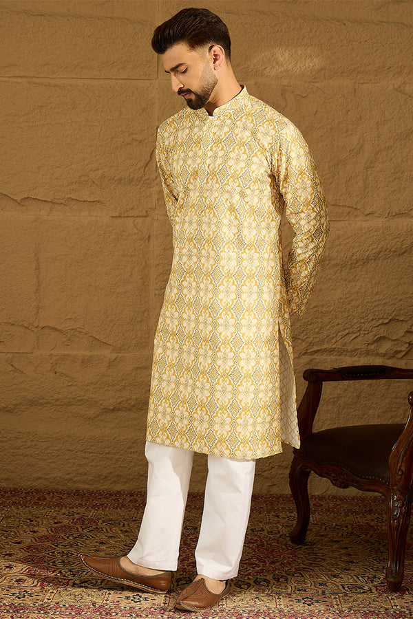 Yellow Viscose Rayon Geometric Printed Straight Kurta with Trouser MKSET1601
