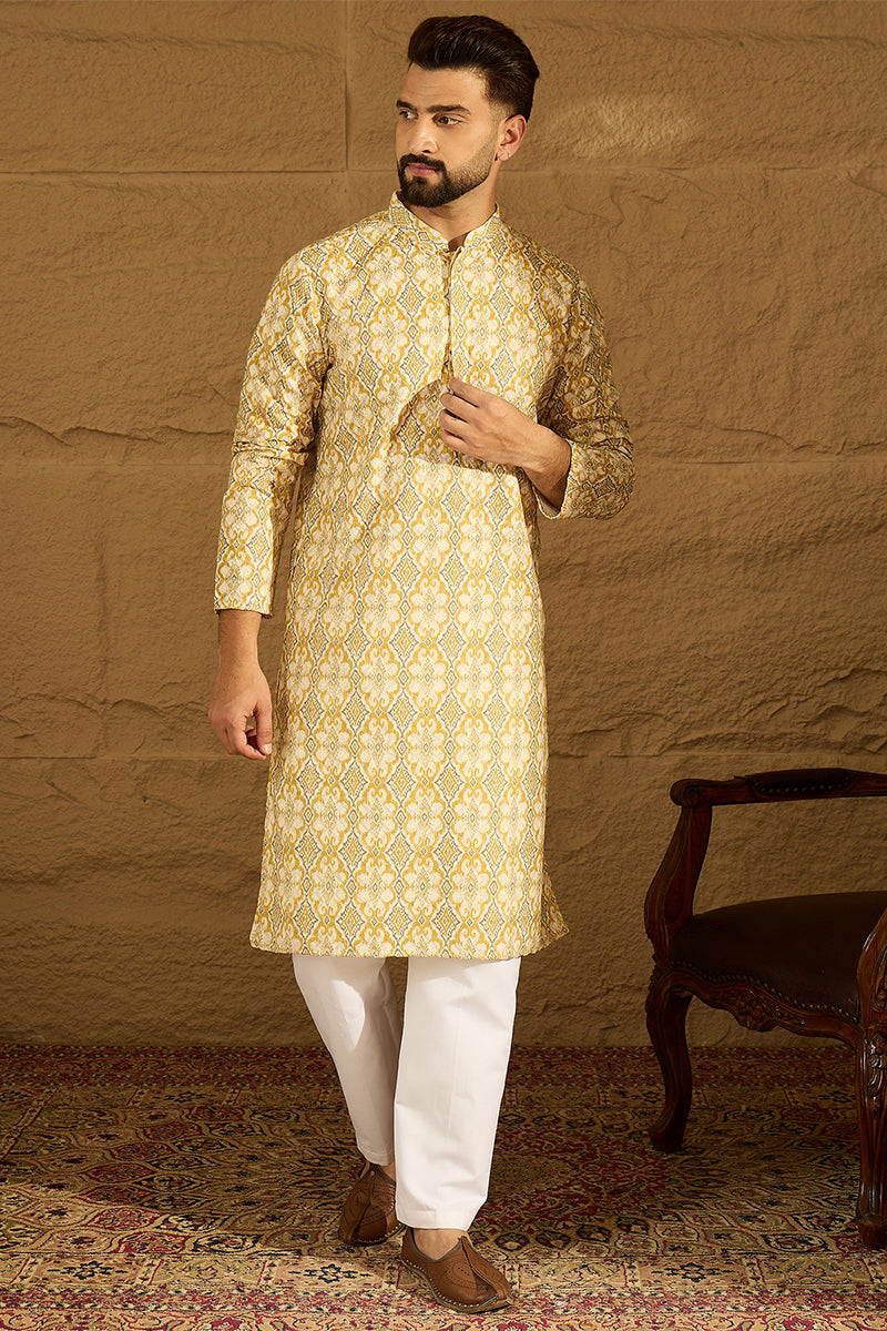 Yellow Viscose Rayon Geometric Printed Straight Kurta MKU1601