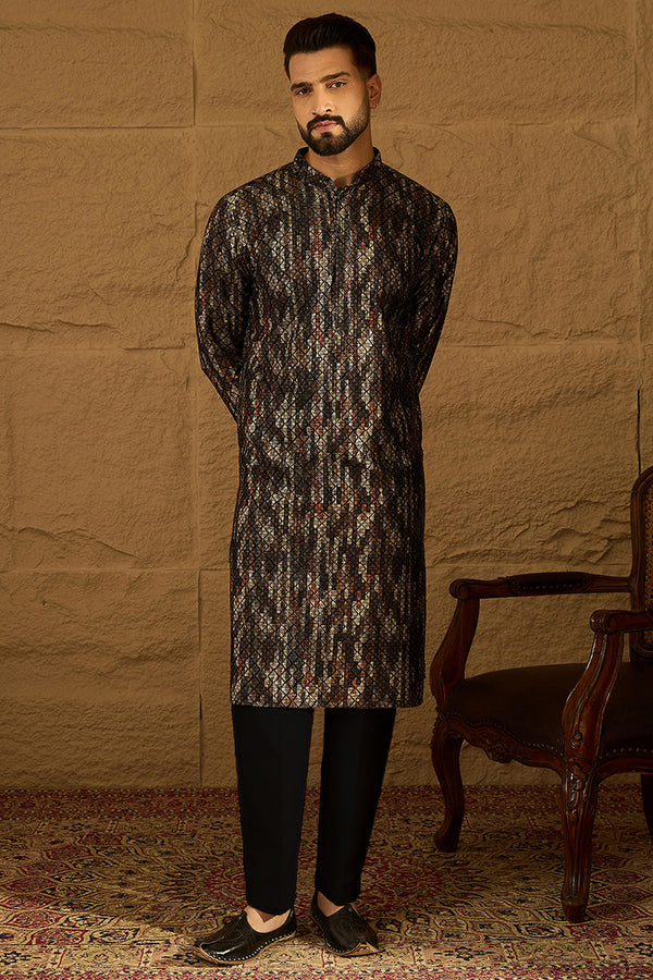 Black Viscose Rayon Striped Printed Straight Kurta with Trouser MKSET1607