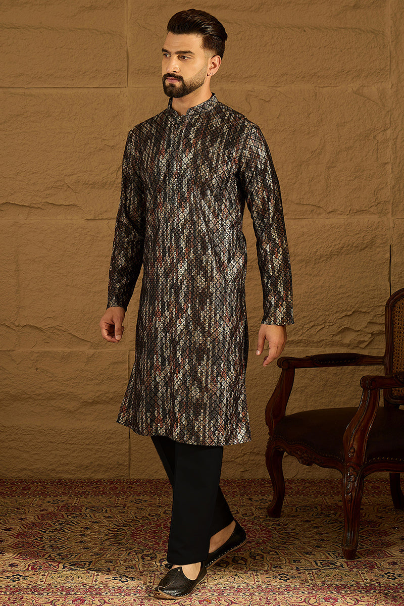Black Viscose Rayon Striped Printed Straight Kurta with Trouser MKSET1607