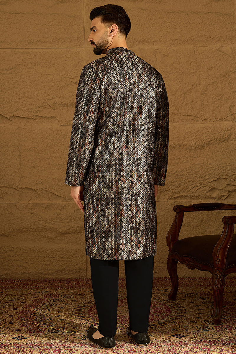 Black Viscose Rayon Striped Printed Straight Kurta with Trouser MKSET1607