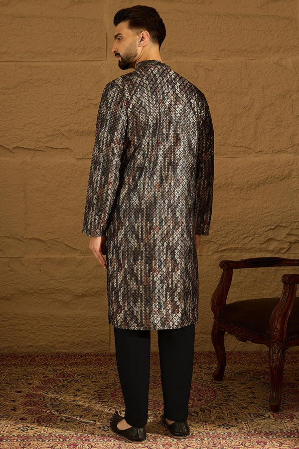Black Viscose Rayon Striped Printed Straight Kurta with Trouser MKSET1607