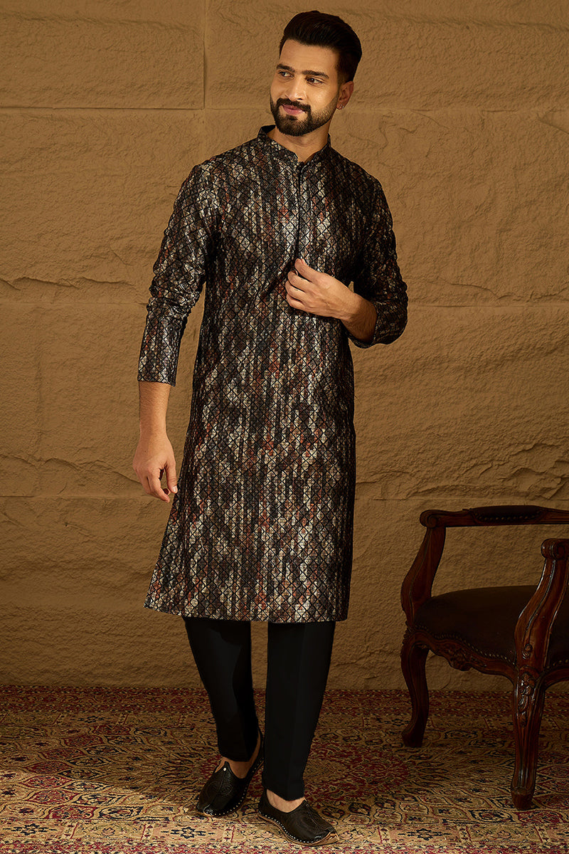 Black Viscose Rayon Striped Printed Straight Kurta with Trouser MKSET1607
