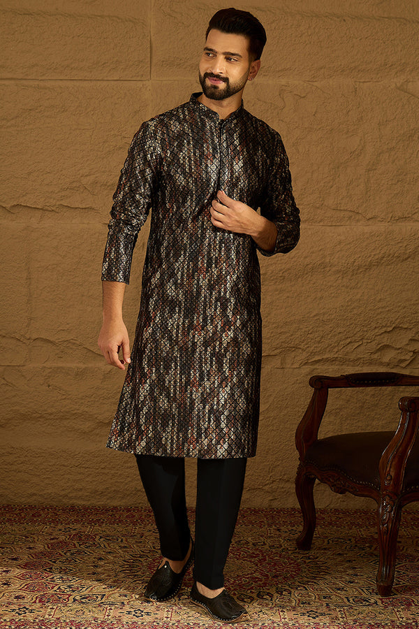 Black Viscose Rayon Striped Printed Straight Kurta with Trouser MKSET1607