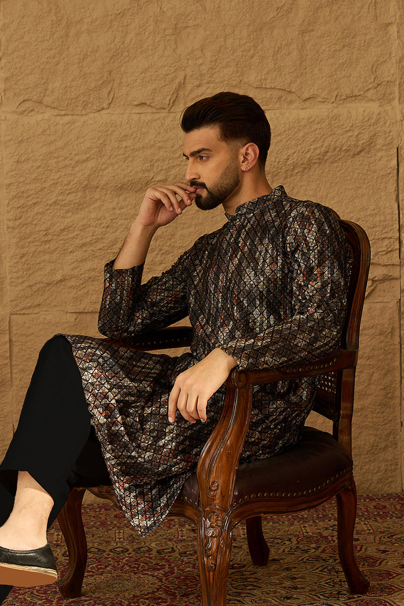 Black Viscose Rayon Striped Printed Straight Kurta with Trouser MKSET1607