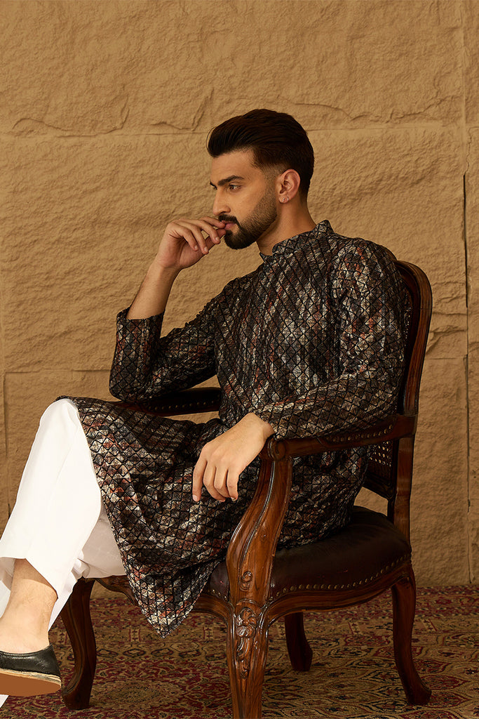 Black Viscose Rayon Striped Printed Straight Kurta MKU1607
