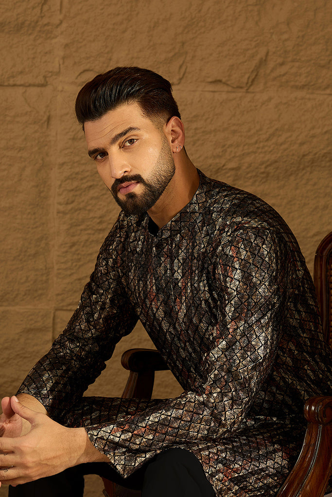 Black Viscose Rayon Striped Printed Straight Kurta with Trouser MKSET1607