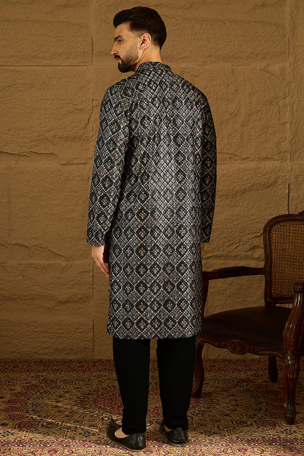 Black Viscose Rayon Geometric Printed Straight Kurta with Trouser MKSET1608