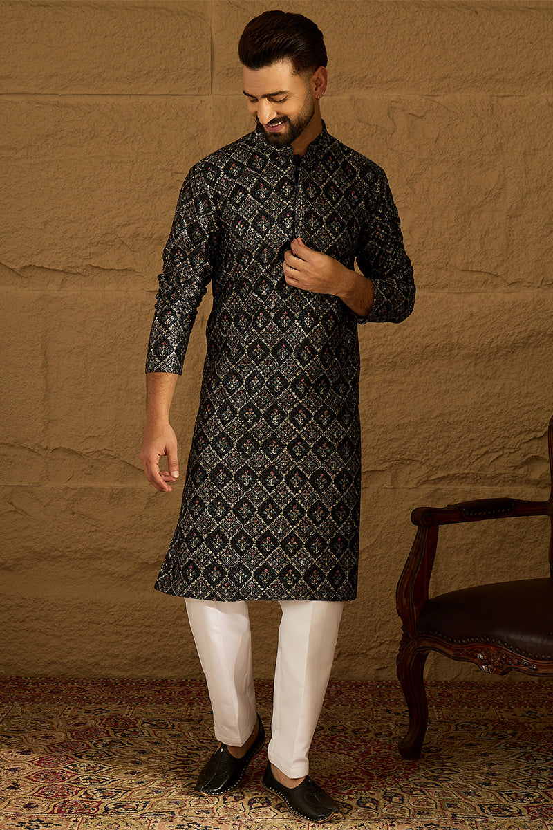 Black Viscose Rayon Geometric Printed Straight Kurta MKU1608